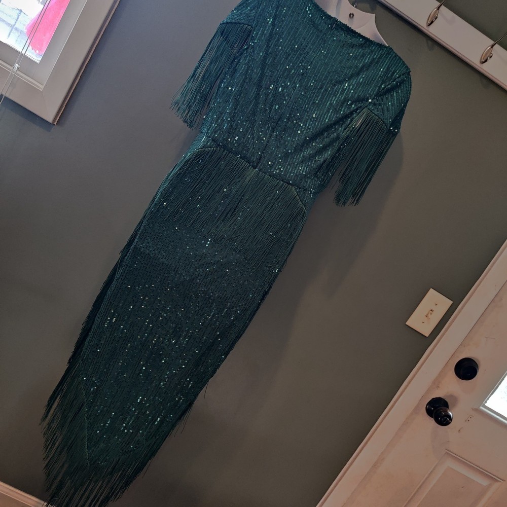 AOMEI Green Party Dress Women Sequins Tassel Midi Bodycon Christmas - Picture 3 of 4